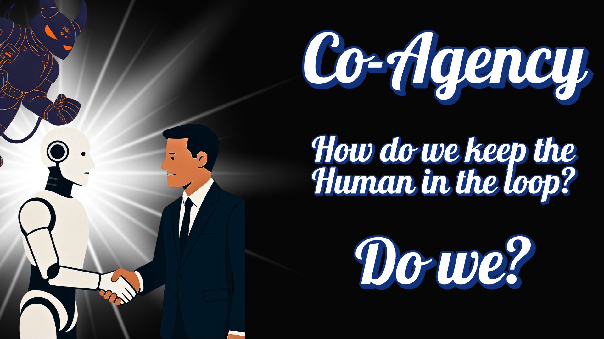 A poster image of a robot shaking the hand of a person.